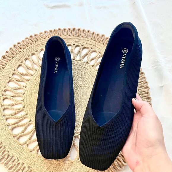 Vivaia Margot Square Toe V Cut Flats Blue Knit Slip On Shoes Navy Blue EU 40.5 - Picture 2 of 8